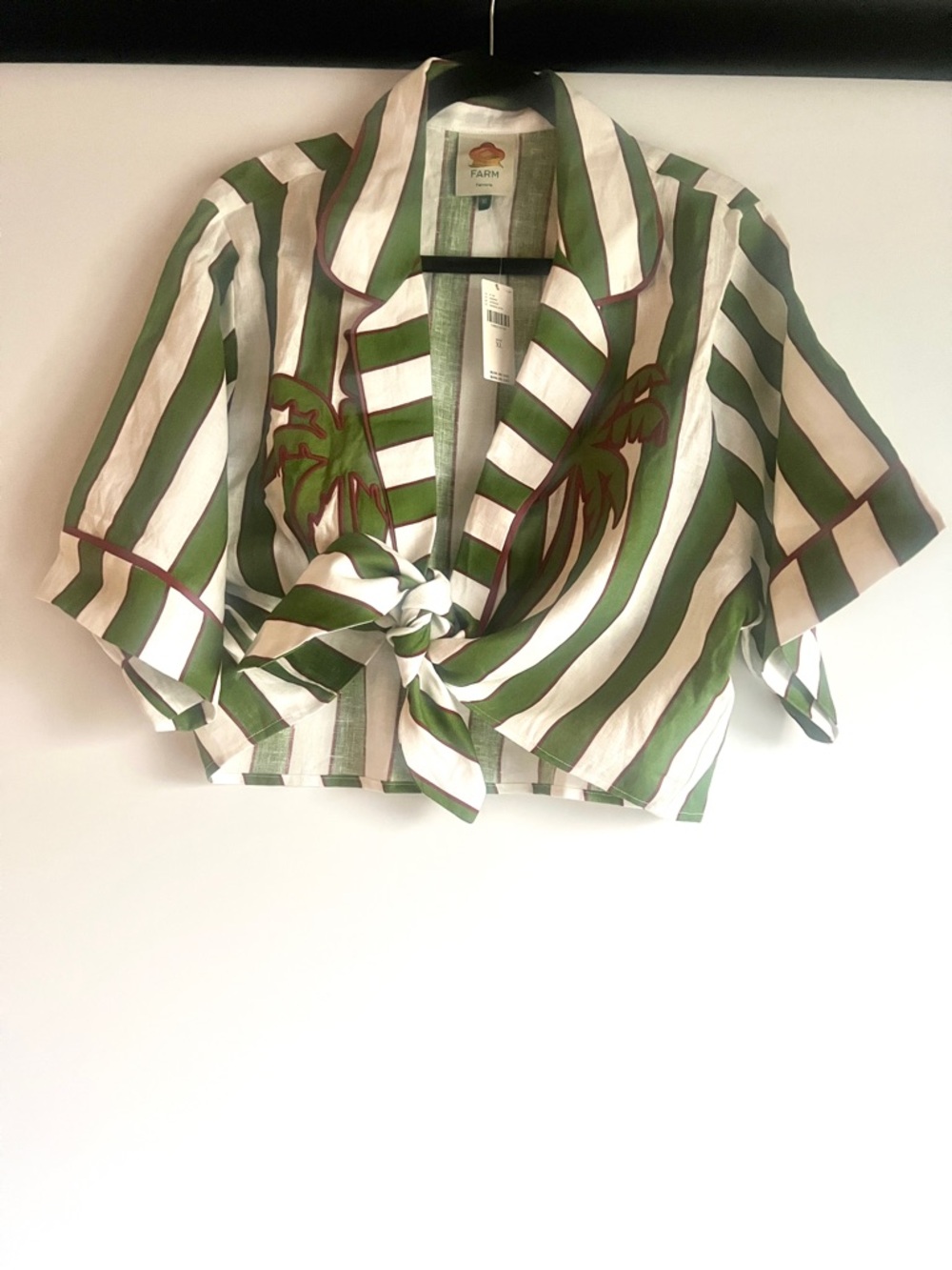 FARM Rio Green Palm Embroidered Linen Stripes Self-Tie Cropped Top Size XL NWT - Picture 6 of 16